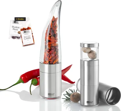 Produktbild von AdHoc Starterset - Geschenkset | Chilimühle Pepe MP203 & Muskatmühle Muskatino PM87 inklusive Füllung, Edelstahl | Acryl