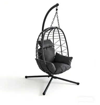 Produktbild von Faltbarer Rattan Hängesessel - Hängender Egg Chair - Mit Regenhülle - Für innen und außen - Schaukelstuhl für Balkon Garten Terrasse - Dick gepolstert - Schwarz-grau