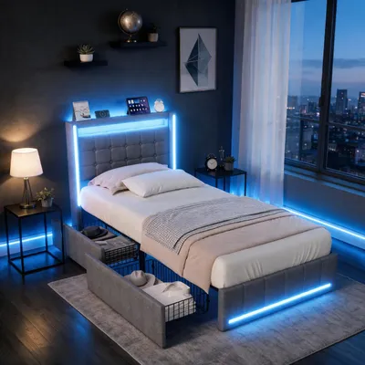 Immagine prodotto di Letto imbottito INONEFT 90x200 con spazio contenitore, letto per ragazzi con LED e porte USB/Tipo C, letto singolo con 2 cassetti, letto contenitore con rete a doghe, tessuto in lino, colore grigio