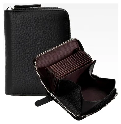 Produktbild von Damen Geldbörse, Klein aus Echtem Leder, Portemonnaie mit Reißverschluss und vielen Fächern, RFID Blockierung Kreditkartenetui, Geldtasche, Brieftasche, Scheckkartenetui (Schwarz)