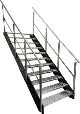 A metal staircase with handrails against a white background.