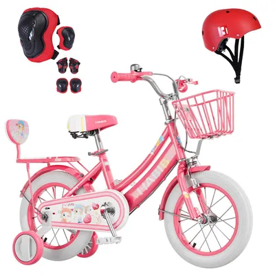 Produktbild von Habib Bicycle Mädchenfahrrad 12" 14" 16" | Komplett-Set mit Schutzpads & Pumpe., Rot / 14 zoll