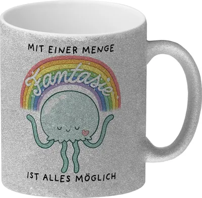 Produktbild von Jelly & Friends Qualle Glitzer-Kaffeebecher mit Spruch Mit Fantasie ist alles