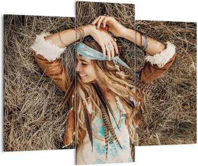 Produktbild von Bild auf Leinwand - Leinwandbild - 3 Teile - Hippie Frau Gras - 130x100cm - Wand Bild - Wanddeko - Wandbilder - Leinwanddruck - Bilder - Wanddekoration - Leinwand bilder - Wandbild - CB130x100-4679