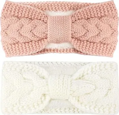 Produktbild von Haar-Stirnband, 2 Stück Haar-Stirnbänder, Ohren-Stirnband mit Plüschfutter, Winter-Stirnband für Damen/Frauen/Mädchen (weiß + rosa)