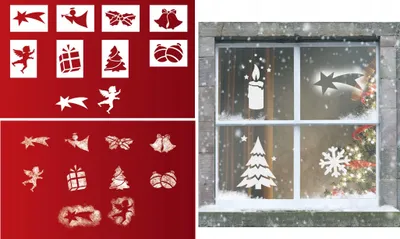 A collage of Christmas-themed stencils and a decorated window.