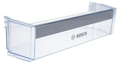 A clear plastic refrigerator door bin with a gray insert and the Bosch logo.