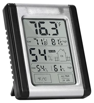 A digital thermometer and hygrometer is shown against a white background.