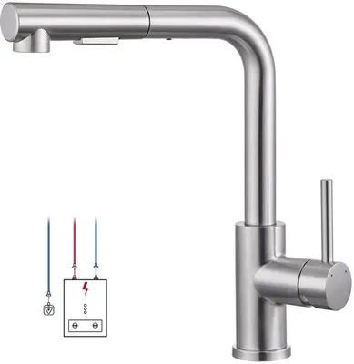 Immagine prodotto di Rubinetto da cucina in acciaio inossidabile, estraibile, a 2 getti, orientabile a 360°, finitura spazzolata