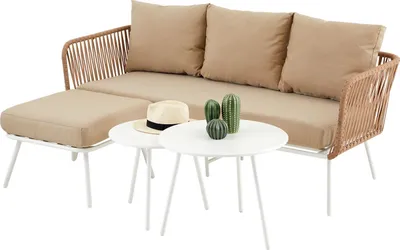 Produktbild von Gartenlounge MYKONOS, weiß/beige - Balkon Lounge Sofa mit Dreisitzer, Hocker & Beistelltisch, wasserabweisende Kissen, wetterfest für Balkon und Terrasse