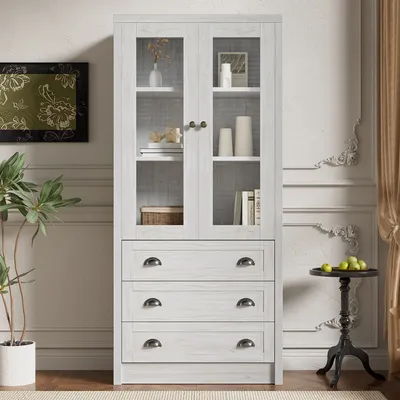 Produktbild von okwish Highboard,Sideboard,Aufbewahrungsschrank mit 3 Schubladen & Kupfergriffen,mit Glastüren, Vielseitiger Stauraum,Weiße Holzmaserung