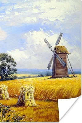 Produktbild von MuchoWow® Poster Gemälde - Bauernhof - Mühle - Ölfarbe 80x120 cm - Papierdruck