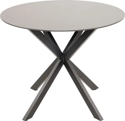 A round dining table with a gray tabletop and a dark gray, star-shaped base, photographed against a white background.