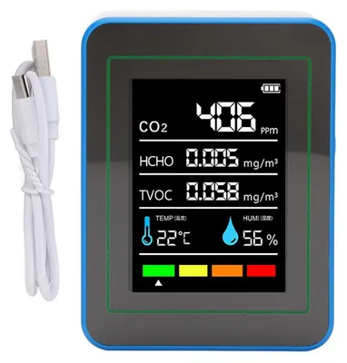 Zdjęcie produktu dla Detektor jakości powietrza 5 w 1 CO2 TVOC HCHO Wykrywanie temperatury i wilgotności Przenośny miernik z możliwością ładowania Biały i niebieski