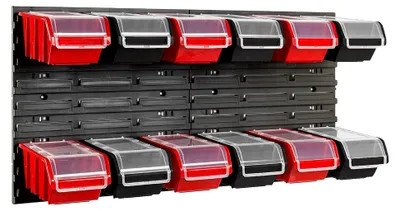 Produktbild von Stapelbox Wandregal 772 x 390 mm - Lagersystem mit 12 Boxen und Deckel - Lagerregal Sichtlagerkästen Schüttenregal, Schwarz/Rot