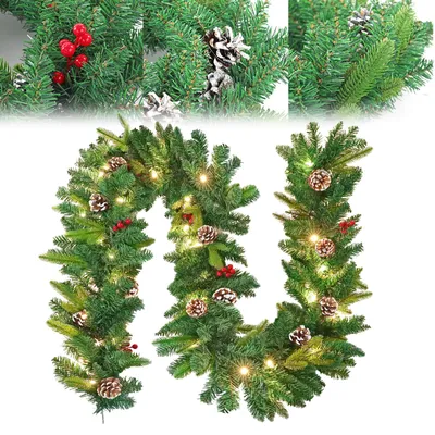 Productafbeelding van LILIIN Kerstkrans, 8 meter lang, met 125 LED's, kunstmatige dennenkrans met rode bessen en dennenappels, warm wit licht, 8 lichtmodi, geschikt voor binnen- en buitengebruik