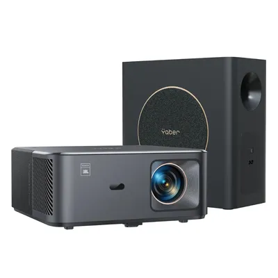 A projector and a speaker are shown against a white background.