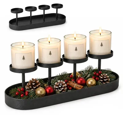 Ovaler Adventskranz aus Metall, schwarz, 42 cm, 4 Kerzenhalter