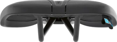 The underside of a black bicycle saddle.