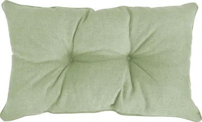 A light green tufted cushion is shown from a top-down perspective against a white background.