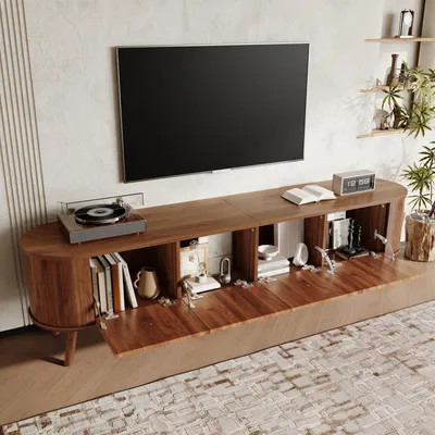 Immagine prodotto di Mobile TV STILVORA 180x38x47 cm con 4 ante, mobile TV con ampio spazio contenitivo e pannello TV per il soggiorno, maniglie dorate e gambe in legno