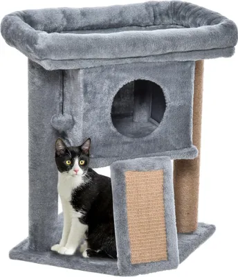 Produktbild von Kleiner Katzenbaum 57 cm mit Katzenhöhle, Liegeplattform, Spielball und Kratzbrett für Katzen bis 5 kg in Hellgrau