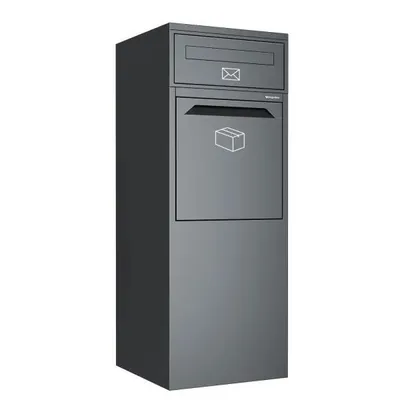 A 3D render of a dark gray parcel box with a mail slot and a larger compartment for packages.