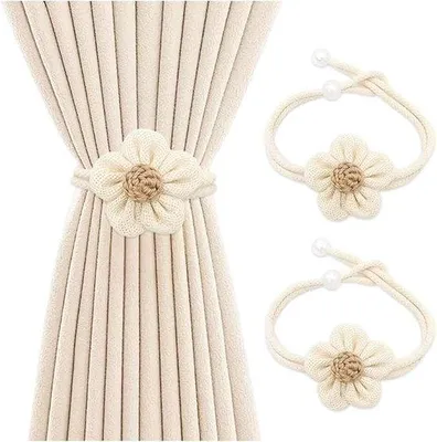Image de Supports de rideaux - Attaches rideaux floraux - Crochets d'attaches rideaux - Supports de rideaux pour la maison - Réglables - Lot de 2 - Attaches rideaux en coton réglables