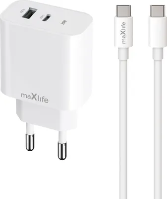 Immagine prodotto di Caricabatterie Maxlife MXTC-06-20AC PD QC USB-C e USB con cavo USB-C a USB-C 20W (OEM0101312)
