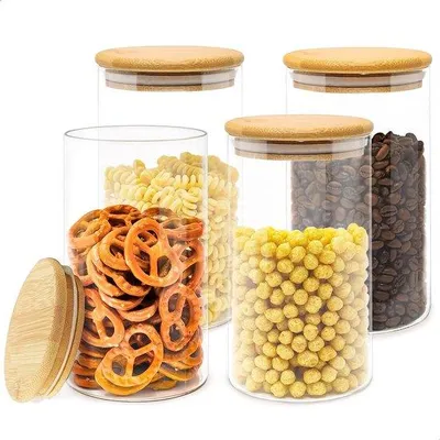 Image de Bocaux avec couvercle en bambou, lot de 4, 1,15 L, 17,5 x 10 cm, verre, étiquettes, marqueurs