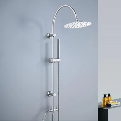 Zdjęcie produktu dla Deszczownica JOHO bez kranu, zestaw prysznicowy ze stali nierdzewnej z okrągłą deszczownicą XL D25cm, chromowana szyna prysznicowa w kształcie litery U w stylu vintage