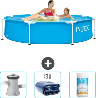 Zdjęcie produktu dla Basen Intex z okrągłą ramą - 244 x 51 cm - niebieski - pompa filtrująca do basenu w zestawie - markiza przeciwsłoneczna - chlor