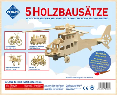 Obrázok produktu pre Sada na stavbu drevených modelov Pebaro 850, technická sada, 5 kusov 3D puzzle: bicykel, lokomotíva, dvojposchodový autobus, veterán, vrtuľník. Sada na modelárstvo, tvorivosť s drevom, drevené puzzle, predvŕtané drevené dosky, nápad na darček