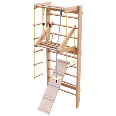 Produktbild von Physionics® Sprossenwand Set - Für Kinder/Erwachsene, inkl. Klimmzugstange/Ringe/Trapez/Schrägbrett/Strickleiter, aus Holz, bis 100kg