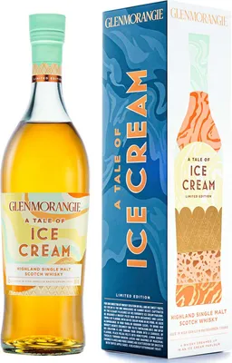 A bottle of Glenmorangie A Tale of Ice Cream Highland Single Malt Scotch Whisky and its accompanying packaging.