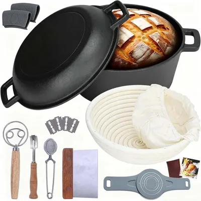Gusseisen-Bräter 26 cm, Brotbackform mit Gärkorb, 2-in-1