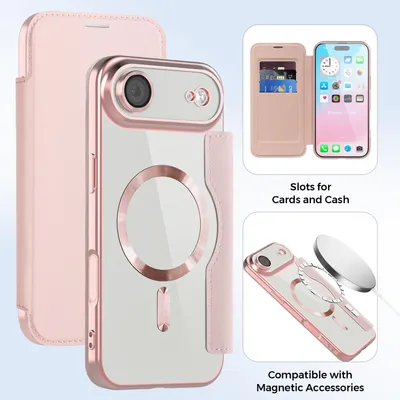 Image de Étui pour iPhone Air compatible avec MagSafe, étui transparent avec porte-cartes, étui en cuir avec protection pour l'appareil photo, rose
