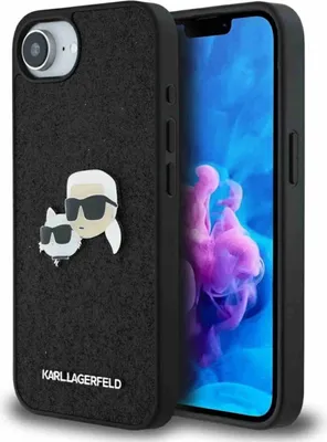 A black iPhone case with Karl Lagerfeld and Choupette figures on it, next to an iPhone displaying a colorful wallpaper.