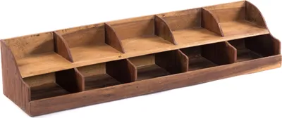 A wooden organizer with multiple compartments, shown against a white background.