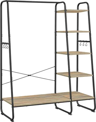 Obrázok produktu pre Vešiak na oblečenie s 6 háčikmi – stojan na oblečenie – tyč na oblečenie – extra stabilný – 45 x 120 x 160 cm – hnedý, čierny