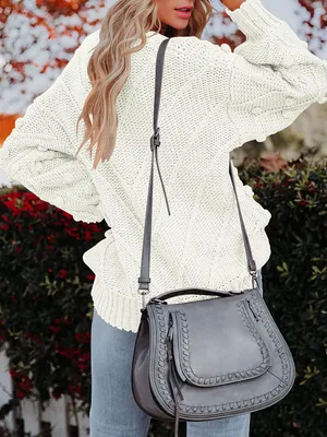 Obrázek produktu pro ASKSA Dámský svetr s kulatým výstřihem Pompoms Pletený svetr Loose Plain Sweater, bílý, S