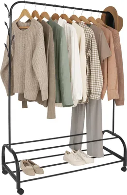 Produktbild von Relaxdays Kleiderständer rollbar, HxBxT: 160 x 110 x 40 cm, 2 Ablagen, seitliche Haken, Eisen, Garderobenwagen, schwarz
