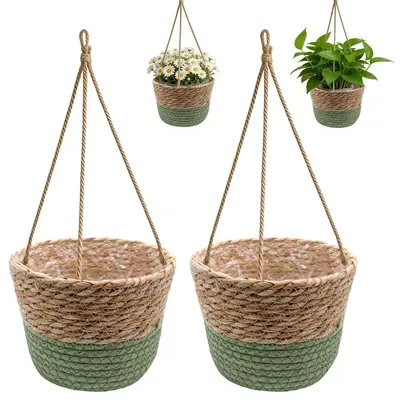 Productafbeelding van Set van 2 Hangende Bloempotten - Zeegras Plantenhangers Binnen & Buiten