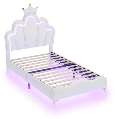 Immagine prodotto di Letto per bambini con LED, dimensioni 90 x 200 cm, design da principessa, testiera imbottita, rivestito in ecopelle, rete a doghe, spazio contenitivo, colore bianco