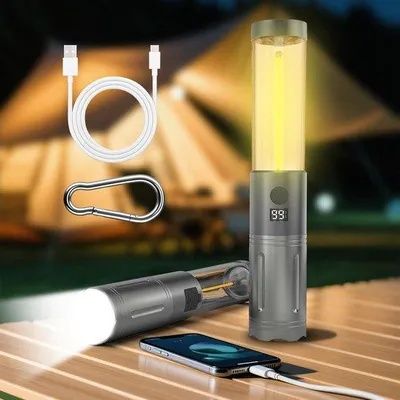 Produktbild von LED-Lampe mit 2 x 1,6 Ah Akkus, teleskopischer Lichtstrahl, USB-Anschluss, LCD-Anzeige, wasserdicht für Camping, Outdoor-Aktivitäten