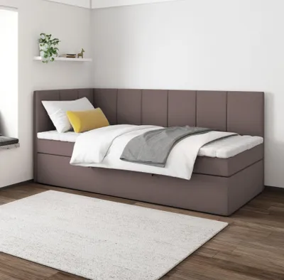 Produktbild von Boxspringbett POLA 90x200 cm, T25 Topper, Kinderbett, Jugendbett, Einzelbetten, Bett, Stauraum Polsterbett, Matratze H3, LINKS (Braun - Itaka 20)