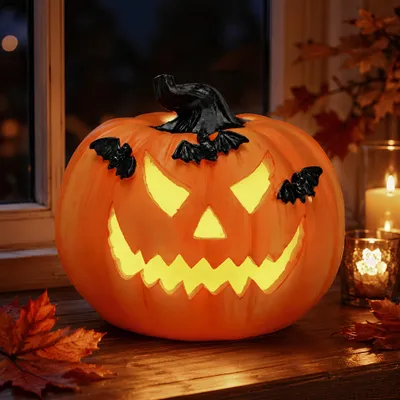 Produktbild von LED Halloween Kürbis in Ø 14 x 12 cm - Deko mit Fledermäusen aus Poly