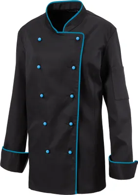 Produktbild von Damenkochjacke langarm, taillert, Fb. schwarz, Paspel türkis, Gr. XS : XS : türkis : 65% Polyester 35%Baumwolle 220 g/m²