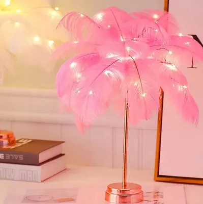 Produktbild von Feder-Tischlampe, Feder-Lampenschirm, LED-Nachtlampe, Nachttisch-Nachtlichter mit Fernbedienung, USB, doppelter Verwendungszweck, Feder-Schreibtischlampe(Rosa)