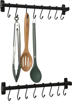 Produktbild von Küchenutensilienhalter und Organizer Set - Pfannenregal für die Wand mit 16 Aufhänghaken - Schwarz